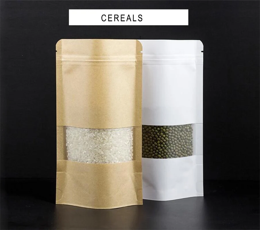 50pcs Reusable Kraft Paper Bag with Frosted Window Stand Up Pouches Food Packaging Bag Ziplock Bag with Tear Notch