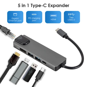 

5 in 1 USB Type C HUB Kit Converter 4K HDMI USB C 2 USB 3.0 RJ45 Adapter Laptop for Household Computer Accessories