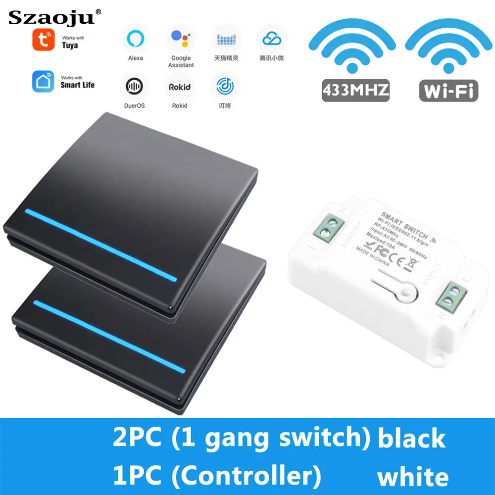 

Szaoju Tuya Smart Life APP WiFi 1/2/3 Gang push Switch Light RF 433Mhz Wall DIY Relay Timer Module Google Home Amazon Alexa
