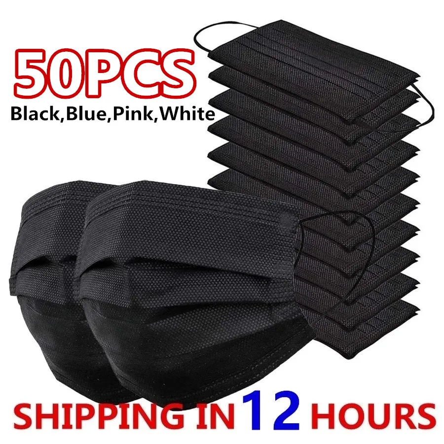50pcs Masque Facial Jetable Masque Noir Non Tissé 3 Couches Masque filtre Anti Poussière Respirable Protectif Adulte masques Bateau Rapide