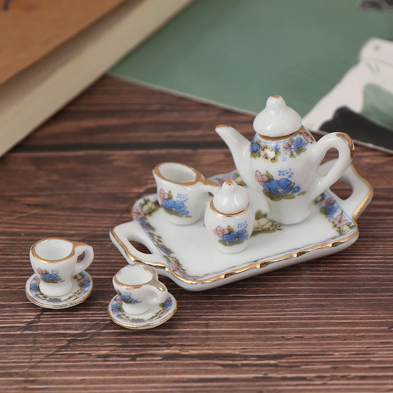8 шт кукольный домик миниатюрная столовая посуда фарфоровый чайный сервиз блюдо чашка тарелка-белый фиолетовый цветочный узор Кукольный дом мебель игрушки
