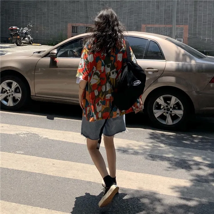 Woherb Harajuku женская одежда Блузка для девочек летние топы с принтом героев мультфильмов свободные короткий рукав Blusas Vinage уличная рубашка
