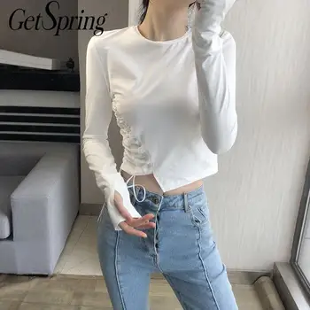 

Getspring Women T Shirt Asymmetry Long Sleeve Cotton T Shirt Women Irregular Black White Casual T-shirts Tops 2020 New Fashion
