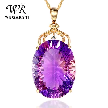 

WEGARSTI Oval Cut Created Ametrine Sapphire Halo Pendant Solid 925 Sterling Silver Pendnat For Women With The Rose Gold Chain