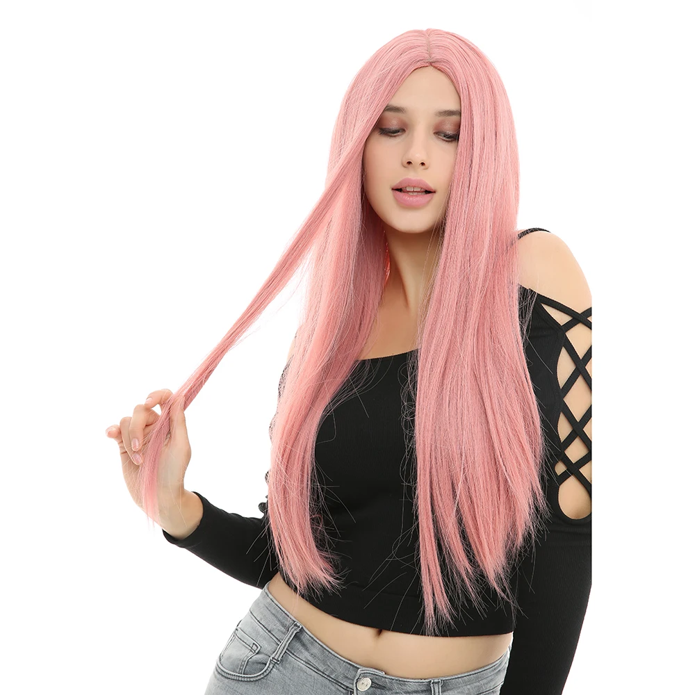 WHIMSICAL W 26 inch Long Straight Pink Color Wigs Natural Middle Part Heat Resistant Hair Synthetic Wig for Women