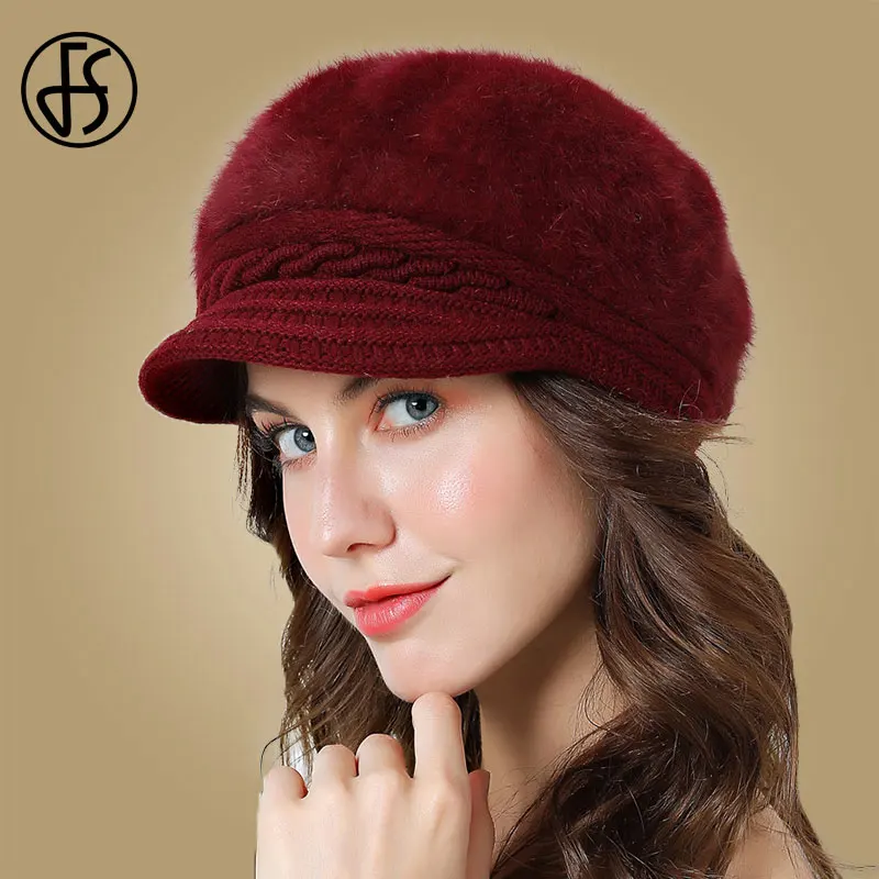 Wine Red FS Элегантные зимние Восьмиугольные шляпы для женщин, вязаная шапка с бантом для девочек, осень, женский модный берет из кроличьей шерсти - Цвет: Wine Red