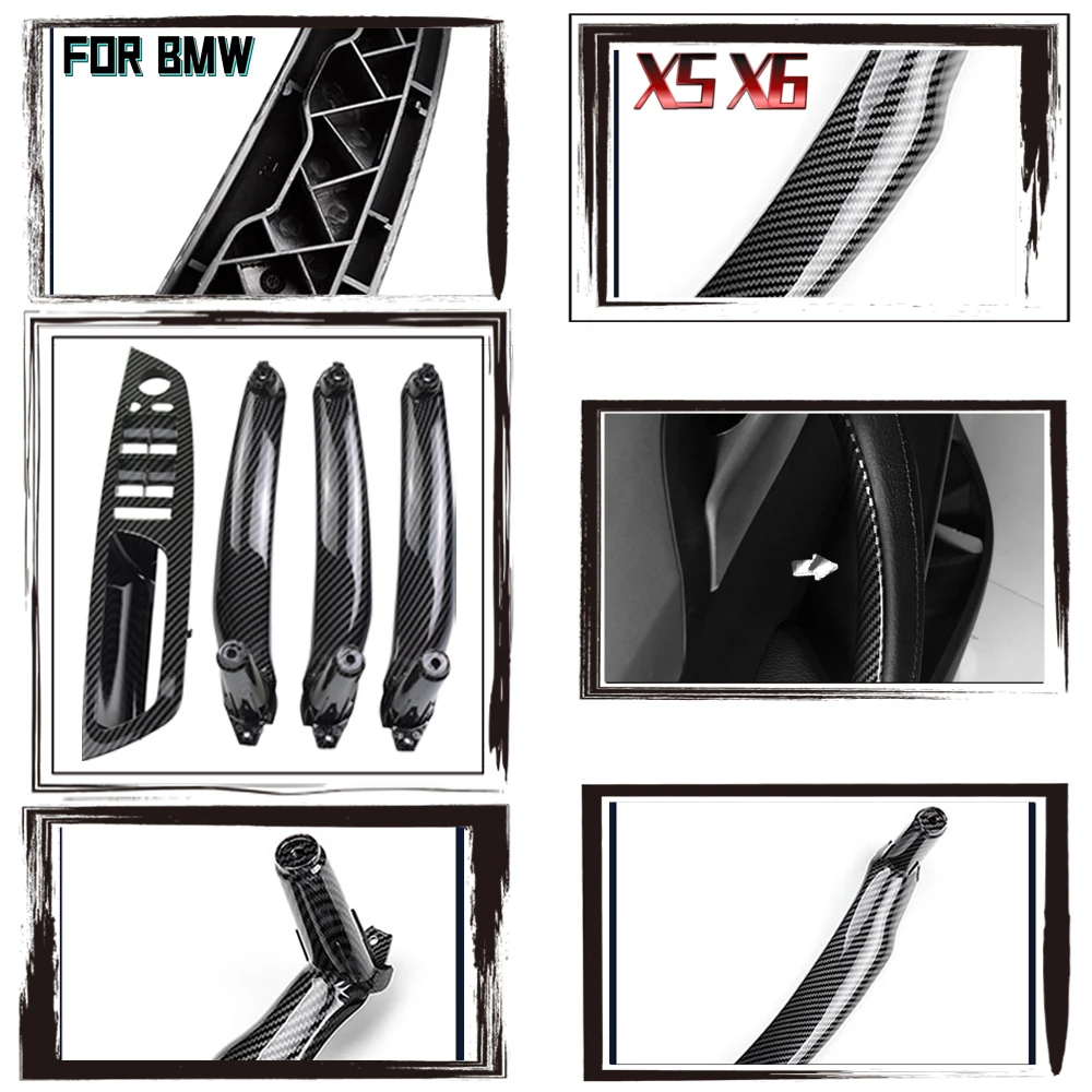 For BMW E70 E71 E72 X5 X6 2007 - 2013 2014 Carbon Fiber Car Interior Door Armrest Handle Inner Panel Pull Trim Cover Left Right car steering wheel