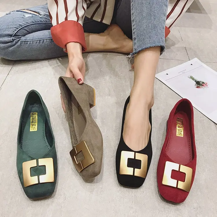 

Gold Buckle Low Heels Pumps for Women Elegant Office Lady Slip on Shallow Suede Leather Flats Work Shoes Zapatos De Mujer P506
