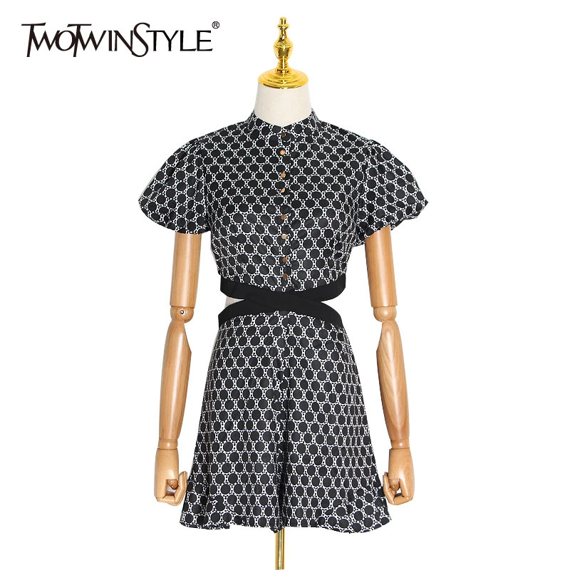 

TWOTWINSTYLE Hit Color Dot Dress For Women O Neck Short Sleeve High Waist Hollow Out Dresses Female 2020 Spring Fashion New