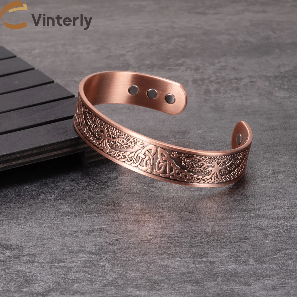 

Yggdrasil Pure Copper Magnetic Bracelets Male Adjustable Energy 15mm Magnet Bangles Benefits Wristband Viking Knot Men Jewelry
