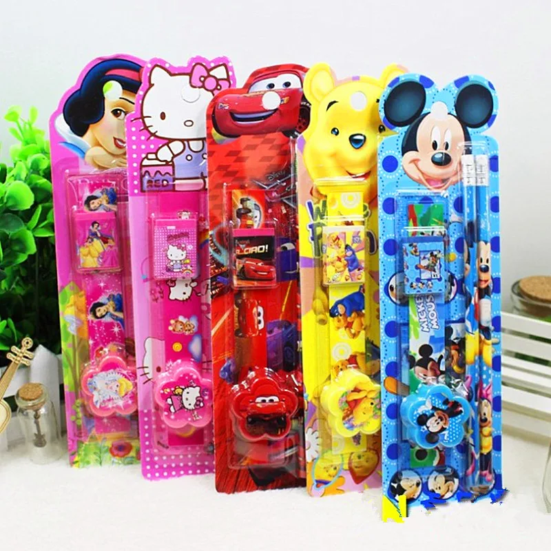 5pcs Disney happy birthday kids party gift School 2Pencils+ 1 Pencil sharpener+ 1 eraser+ 1 ruler party gift