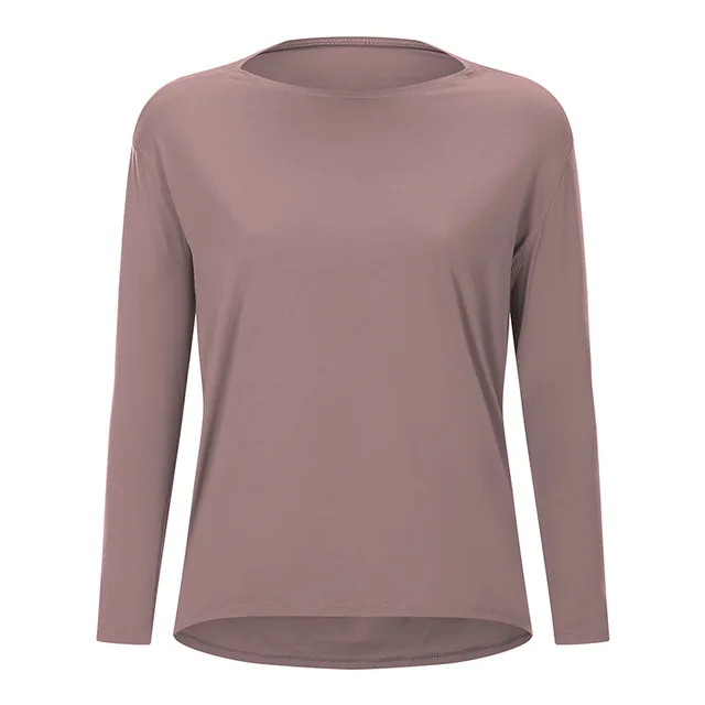 Lulu Fitness Women Long Sleeve Yoga Shirt Female Sport Yoga Top Slim Gym Clothing Solid Color Loose Casual Plus Size Breathable Tea brown
