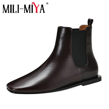 

MILI-MIYA Fashion Design Women Cow Leather Ankle Boots Solid Color Square Toe Flat With Slip-On Spring/Autumn Shoes For Ladies