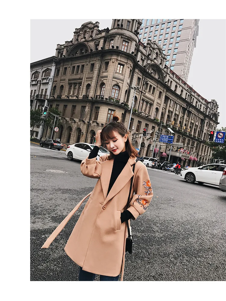 F6174 Южная Корея Dongdaemun осень и зима стиль вышитая лампа рукав шерстяная Женская куртка длинный Дафлкот