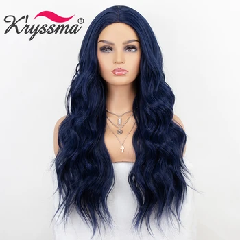 

Kryssma Long Wavy Synthetic Wigs Body Wave Wig Cosplay Wigs Blue Wigs For Women With Middle Part Heat Resistant Fiber Hair Wig