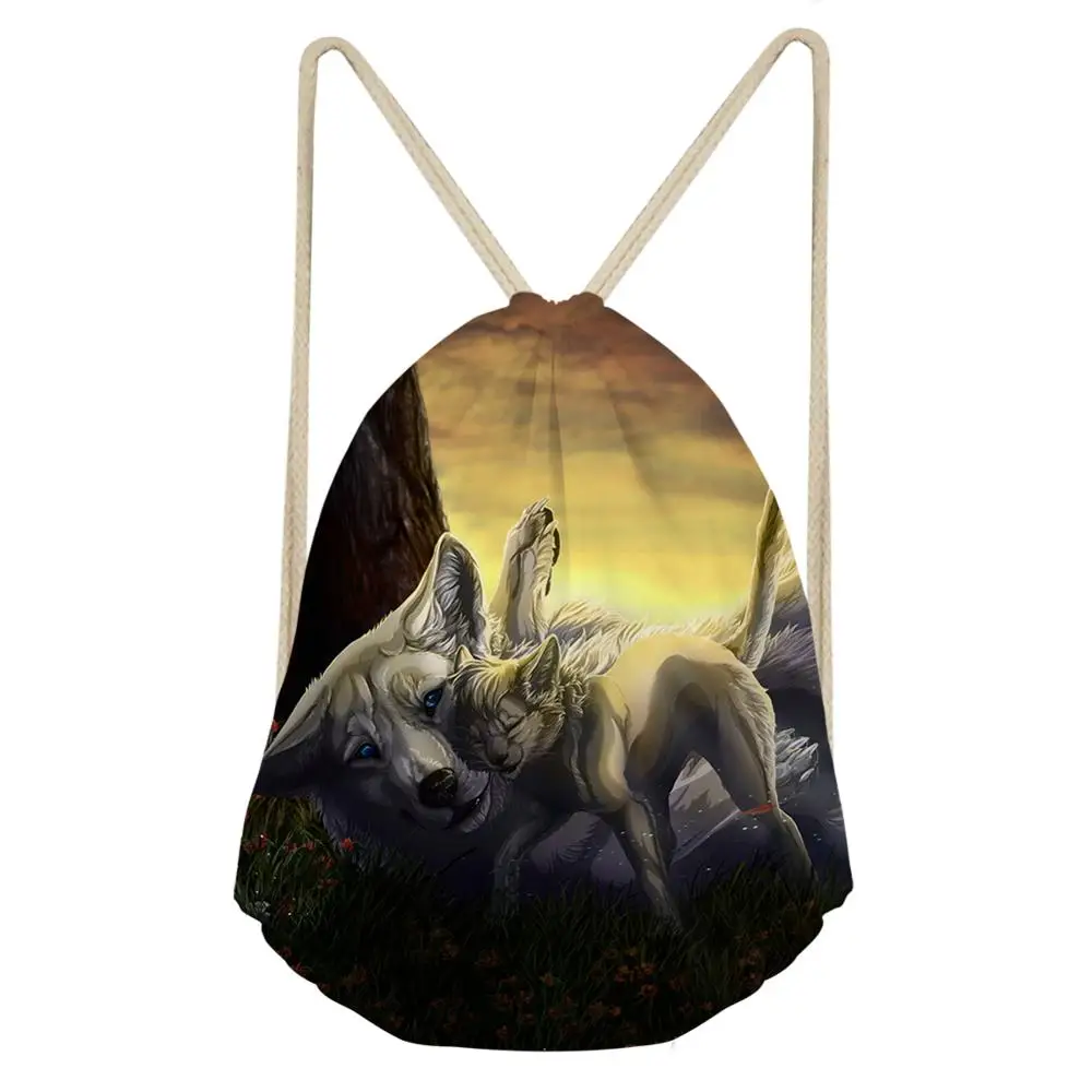 HaoYun Women's Travel Drawstring Backpack Fantasy Wolf Animal Pattern Beach Shoes Pockets Fashion Girls Mini Organizer Bags