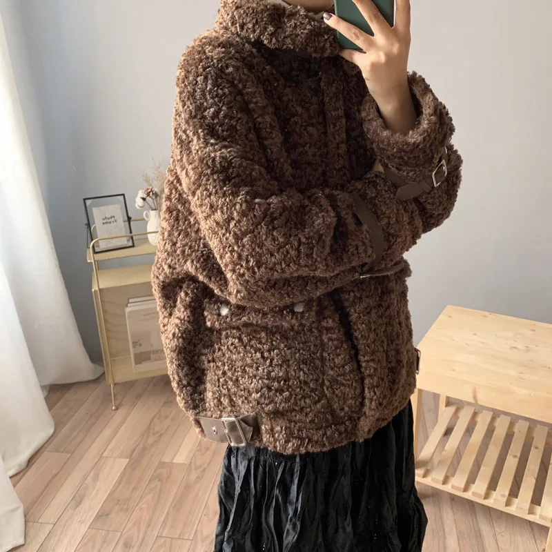 Женская куртка из овечьей шерсти,, зима, осень, Kawaii, меховая подкладка, парка, верхняя одежда, уличное толстое базовое пальто