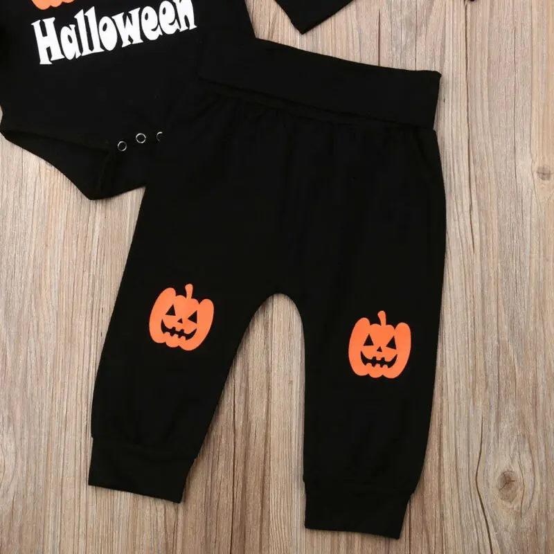 0-18M Newborn Infant Baby Boy Girl Halloween Clothing Set Pumpkin Long Sleeve Rompers + Pants + Hat Outfits