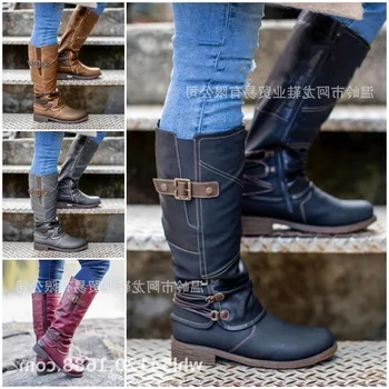 

Mid Women's Calf Boots Vintage British PU Leather Shoes Woman Low Heel Zip Sewing Ladies Fashion Retro Long Boots Women