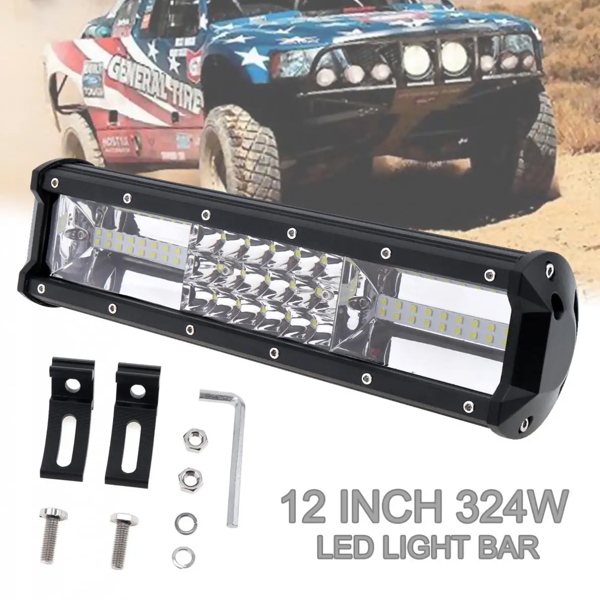LED Work Light Bar 12 In Triple Row Flood 7D for Jeep Truck Car 