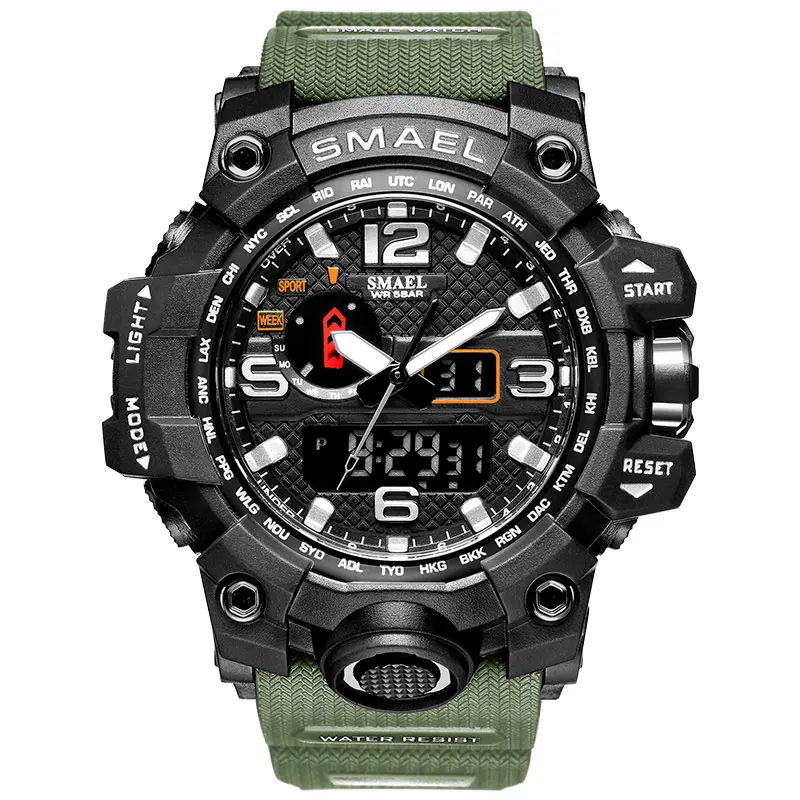 Спортивные мужские часы SMAEL, водонепроницаемые, 50 м, военные часы с будильником, хронограф, кварцевые наручные часы, секундомер, Relogio Masculino 1545 - Цвет: Army Green