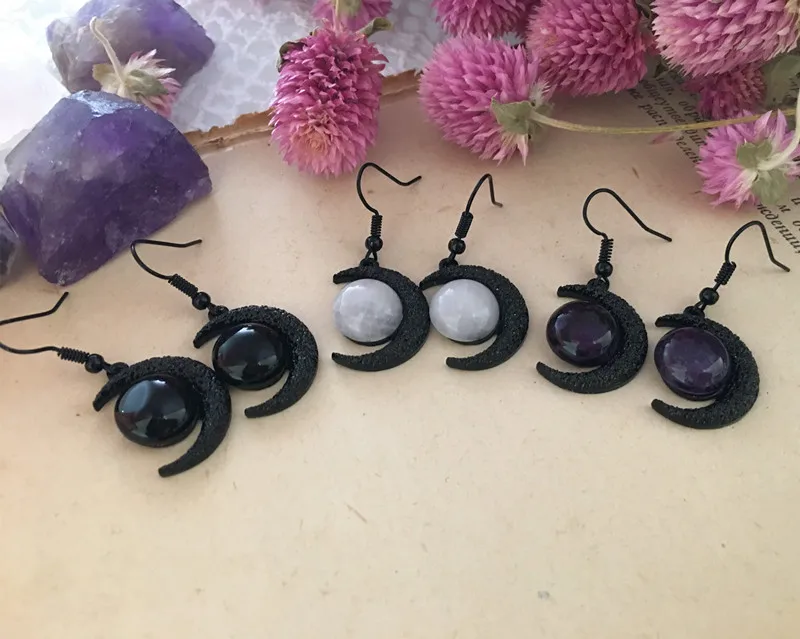 

Black Moon Earrings-Black Moon and Natural Stone,Black Earrings- Witchy Jewelry - Celestial Gift