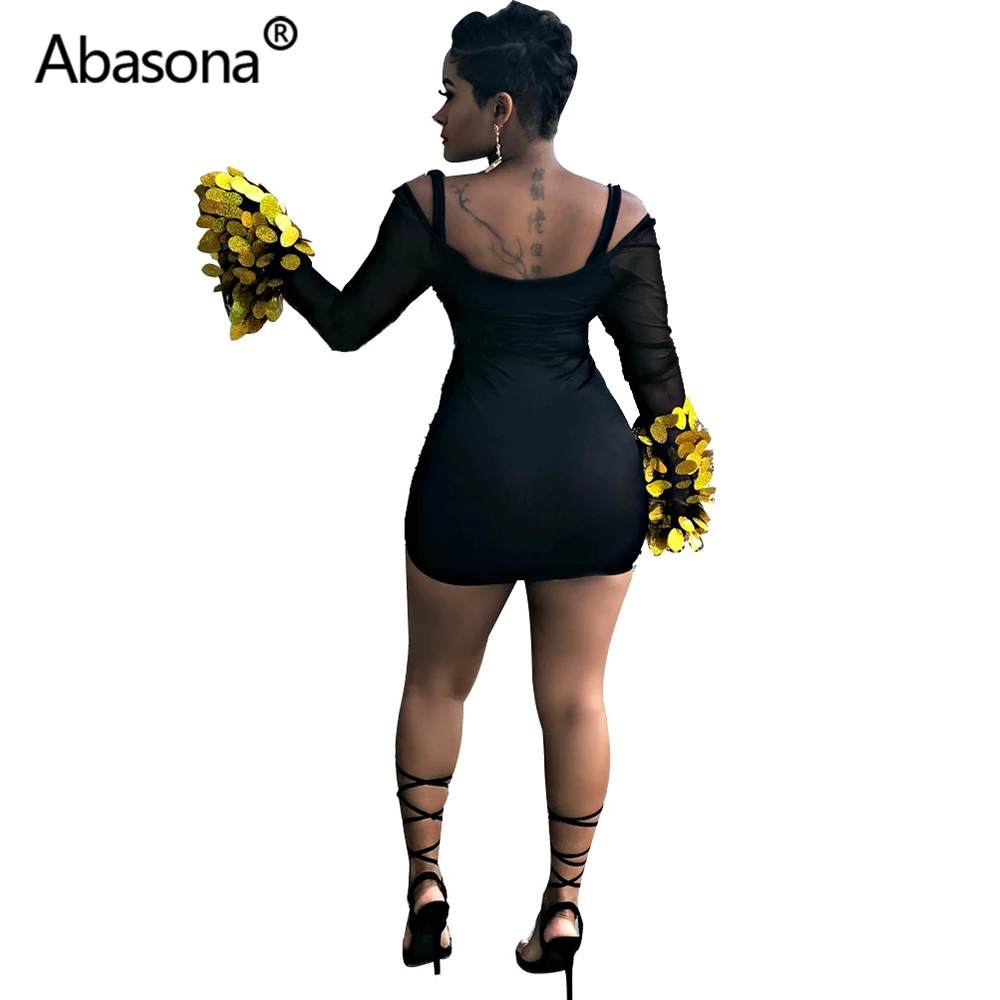 Abasona, осенне-зимнее женское сексуальное облегающее мини-платье с глубоким v-образным вырезом и длинным рукавом, обтягивающие платья с большими пайетками, вечерние платья для ночного клуба