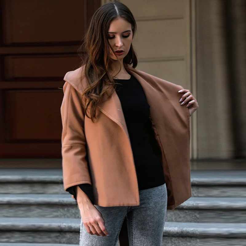 Modecrash, Женская куртка, верблюжья, Короткое шерстяное пальто,, большой воротник, шнуровка, талия, женская верхняя одежда