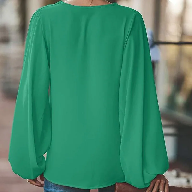 Plus Size Long Lantern Sleeve Chiffon Shirt Women Spring Summer Fall Solid Color V-neck Loose Blouse Female Fashion Casual Tops