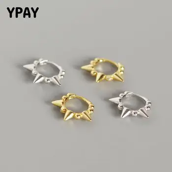 

YPAY 100% Genuine 925 Sterling Silver Hoop Earring 2019 New Beads and Rivets Small Earrings for Women Fine Jewelry Gifts YME527