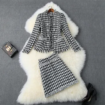 

High Quality Designer Fall Winter Runway Suit Set Women 2019 New Fashion Pearls Plaid Woolen Jacket and Skirt 2Piece Sets Outfit
