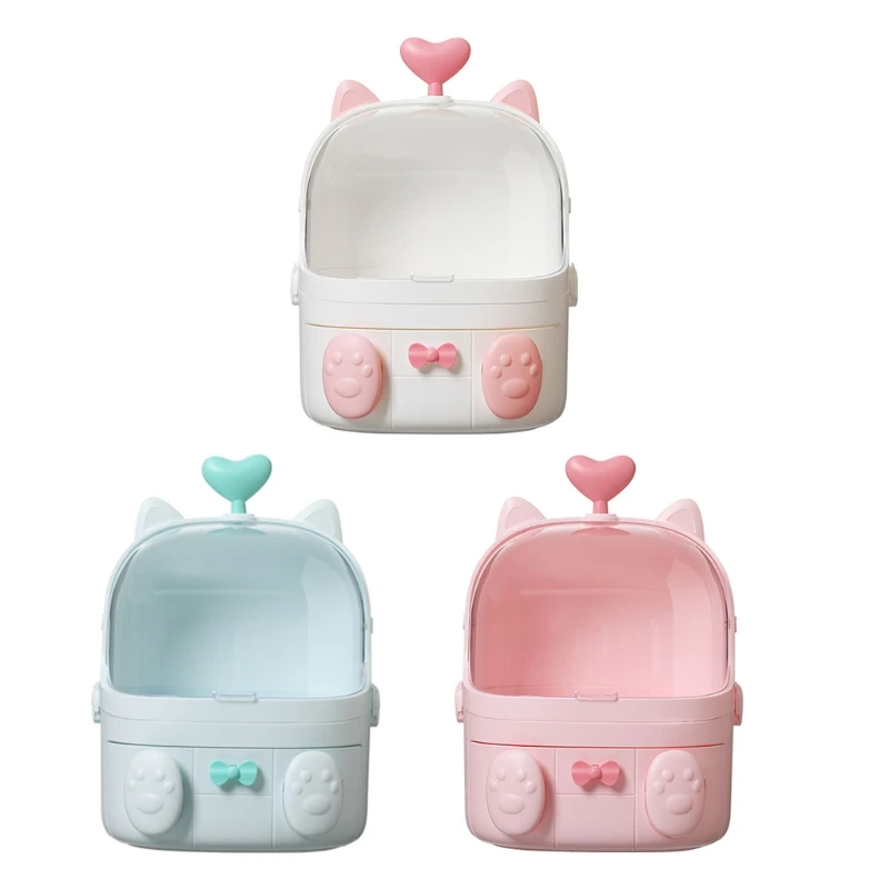 

Cat Shape Plastic Makeup Storage Box Cosmetic Organizer Make Up Container Desktop Sundry Storage Case with Handle