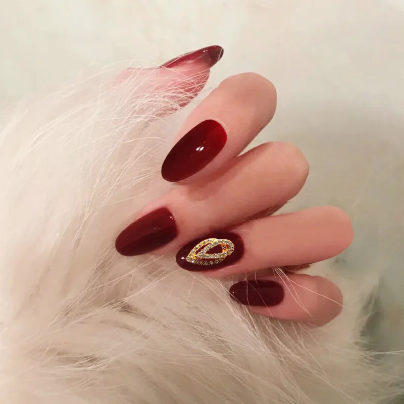 Nusx Bride Shining Rhinestone Fake Nail Tips Red Color Glitter False Nails Long Wedding Party Fashion 2