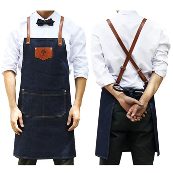 

New 2019 BBQ Denim cowboy Apron Bib Leather Straps Chef Kitchen Apron for Women Men Pockets barber cook Restaurant Waitress Logo