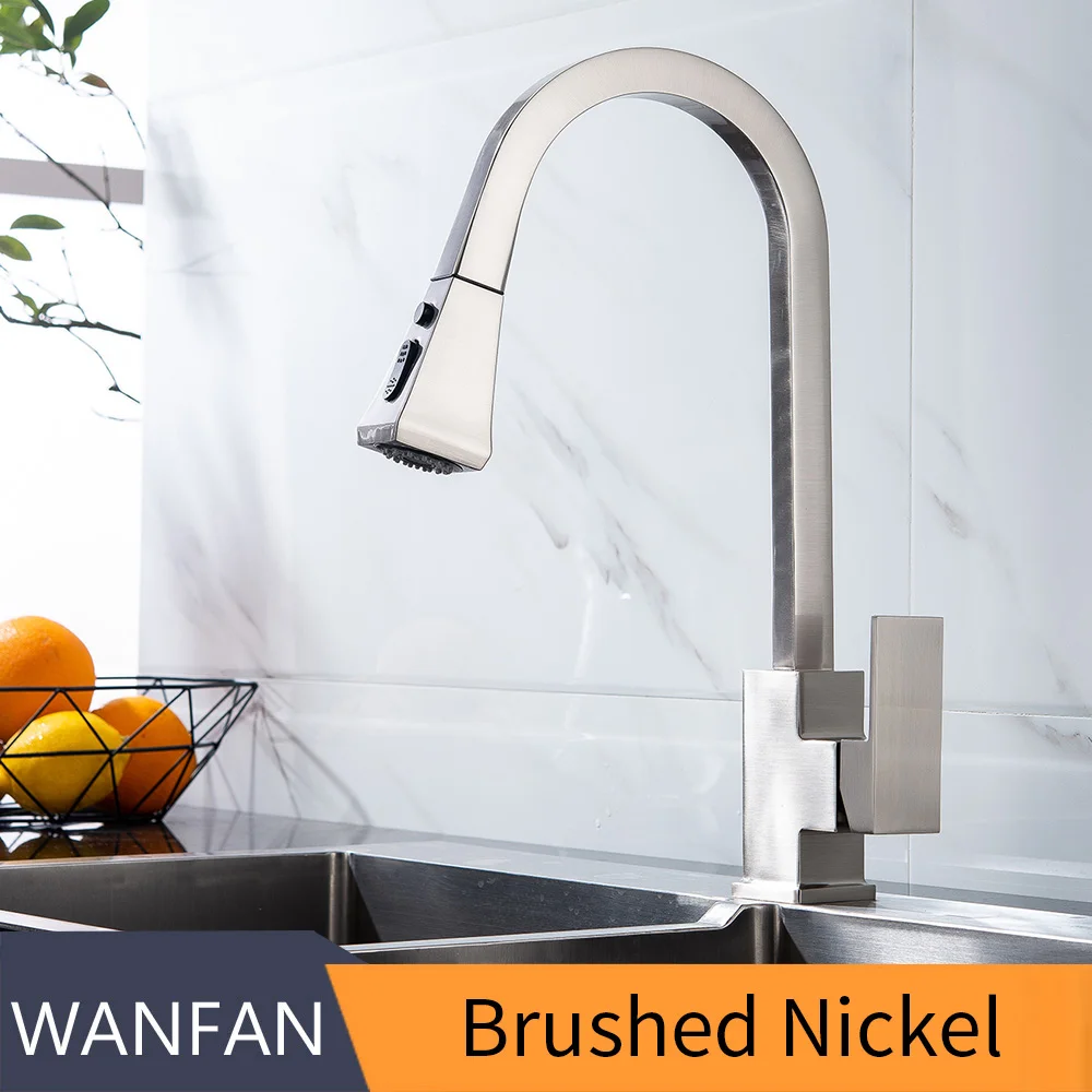 Brushed Nickel Кухня смесители серебро одной ручкой вытащить Кухня кран с одной ручкой отверстие шарнирного соединения 360 градусов смеситель для воды кран смесителя 866399R - Цвет: Brushed Nickel
