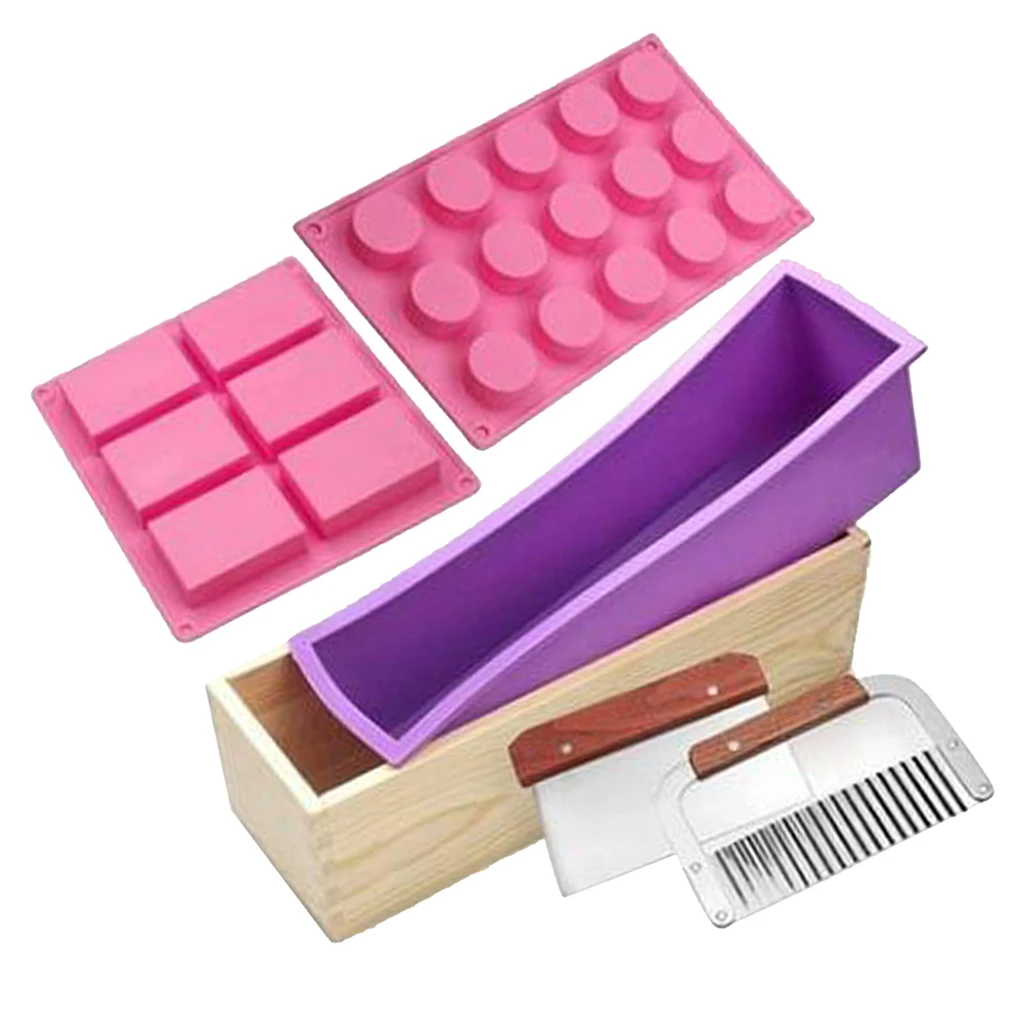 Silicone Soap Mold Wood Box Kit Flexible Cake Mold, Stainless Steel Wavy Straight Scraper Soap Cutter Slicer for Candle Making