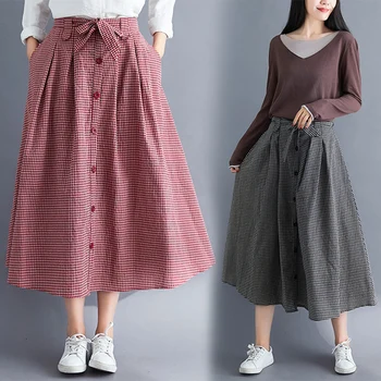 

Retro High Waist Red Plaid Casual Long Skirt Women Artistic Cotton And Linen Maxi Skirts 2019 Autumn Elegant Skirts