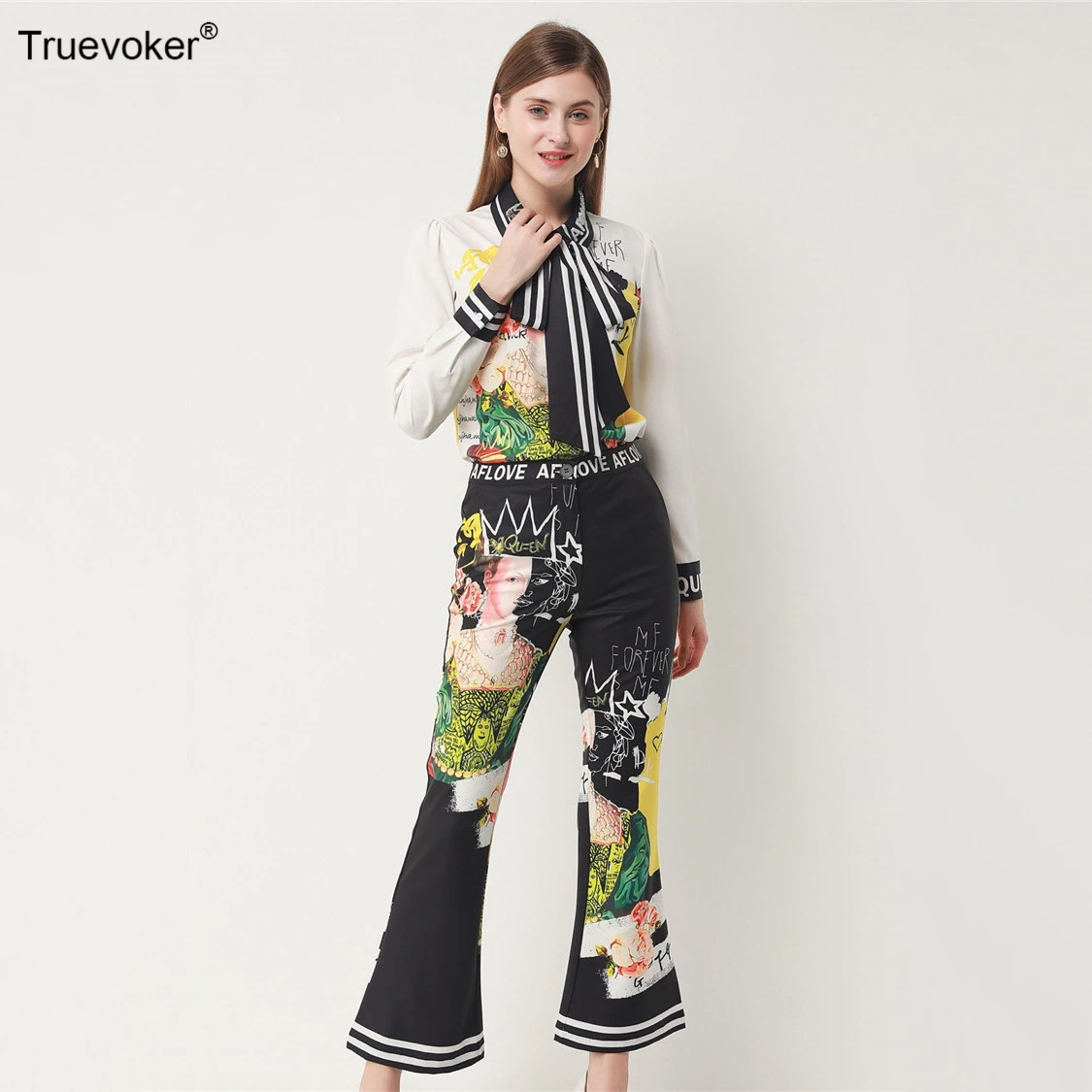 Truevoker весенние Подиумные костюмы из двух частей Женские High Street топ с принтом+ брюки костюм для отдыха женские Twinsets