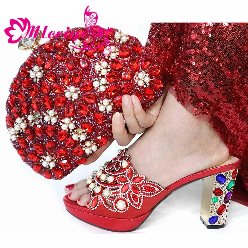 

Red Color Autumn Fashion Ladies Slipper And Matching Bag Set Italy Style High Heel 8.5CM Shoes And Bag Set For Party Large Size