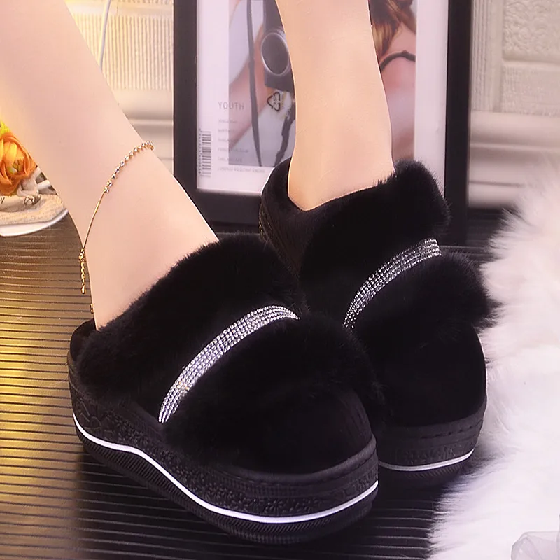 

New Winter Warm High Heel Thick Cotton Slippers Women's Slippers Stylish Drill Strip Waterproof Indoor Warm Furry Slippers