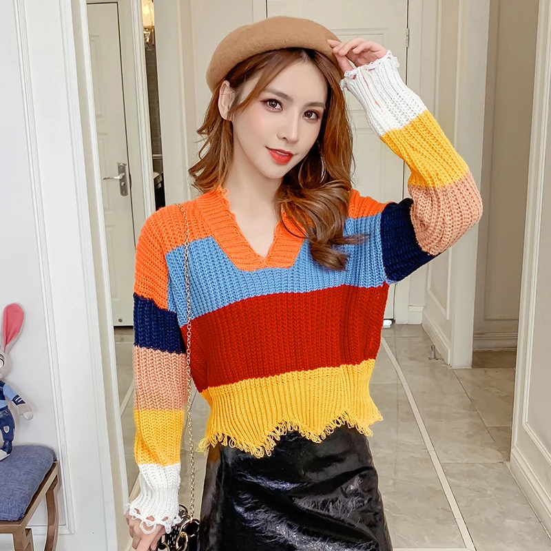 Casual Spring Winter New Long Sleeve stripe Vintage Women knitted sweater Rainbow Stripe matching fringe Short 802C | Женская одежда