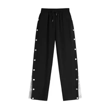 

Spring Autumn Casual Black Women's Pants Elastic Waist Single Row Button Stitching Loose Wide-leg Straight-leg Trousers Female