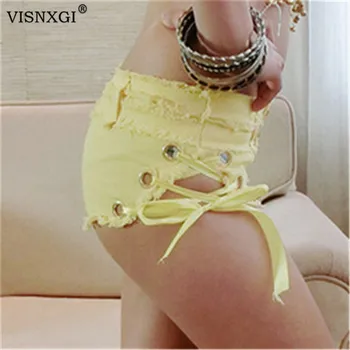 

VISNXGI Femme Denim Shorts Side Ribbons Womens Low Waist Summer Side Straps Short Trousers Girl Skort Metal Buttons Pantalones