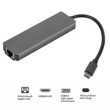 

5 in 1 USB Type C Hub USB3.0 Hdmi USB C Hub to Gigabit Ethernet Rj45 Network Wired Adapter to 1000Mvps 5 Multiports USB C Hub FS