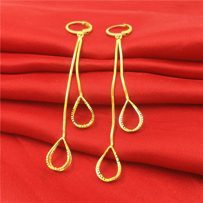 

24k Gold filled Two line water-drop Earrings,pure Gold Color Wedding Long Drop Earrings For Women