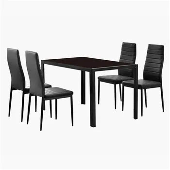 

Simple Assembled Tempered Glass & Iron Dinner Table + 4pcs Elegant Assembled Stripping Texture High Backrest Dining Chairs Black