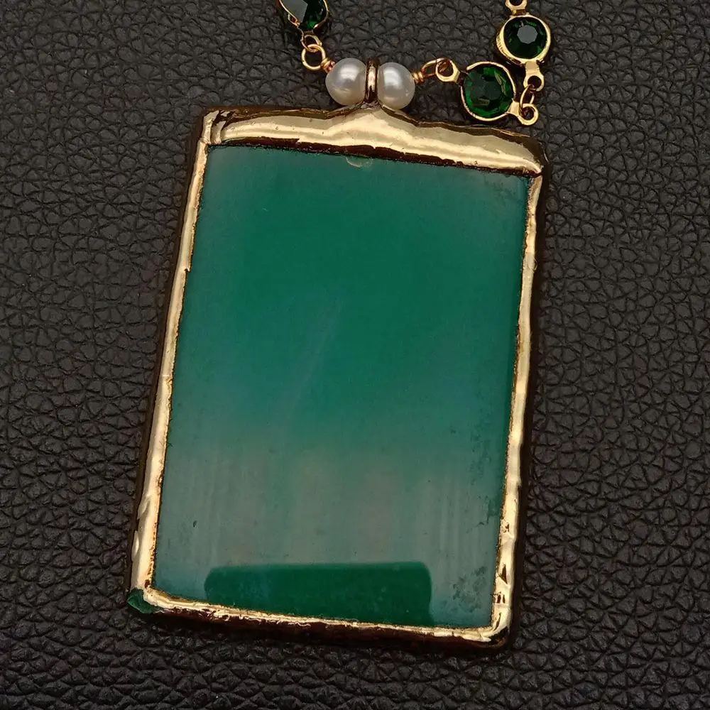 YYGEM Green Agate Pendant 5 Strands 18'' White Pearl Green red Crystal Chain Necklace handmade vintage party style pendant necklace
