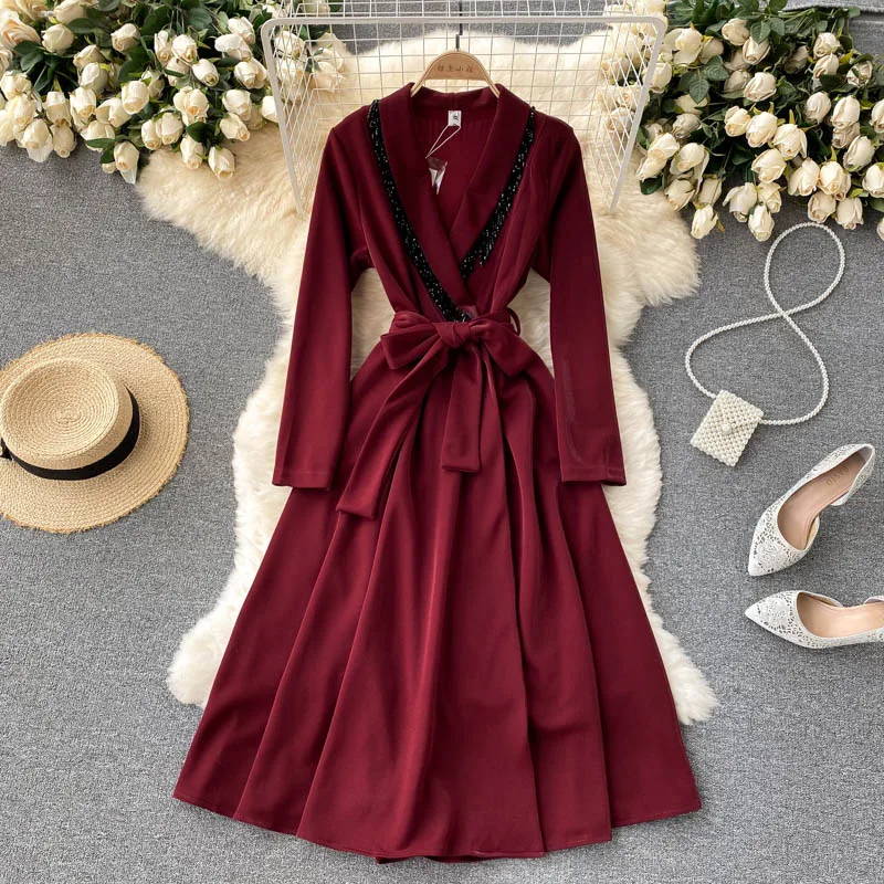 

Elegant Formal Dress Wedding Party Long Dress Women 2021 V-Neck Evening Vestidos Turndown Collar Tassels Dress with Bow Belt