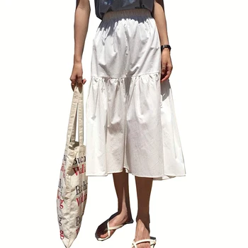 

Women Fashion High Waist Solid Color Mid-calf Lengt Skirt 2020 summer All-match Cotton Clothing Lady Casual splice Skirts