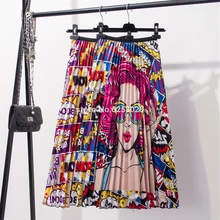 Высокая уличная мода печать плиссированная юбка Новинка Весна Лето Юбки Женские s эластичная высокая талия до середины икры трапециевидная миди юбка женская